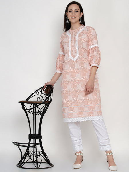 Peach Cotton Khadi Hand Printed Kurta with Bishop Sleeves