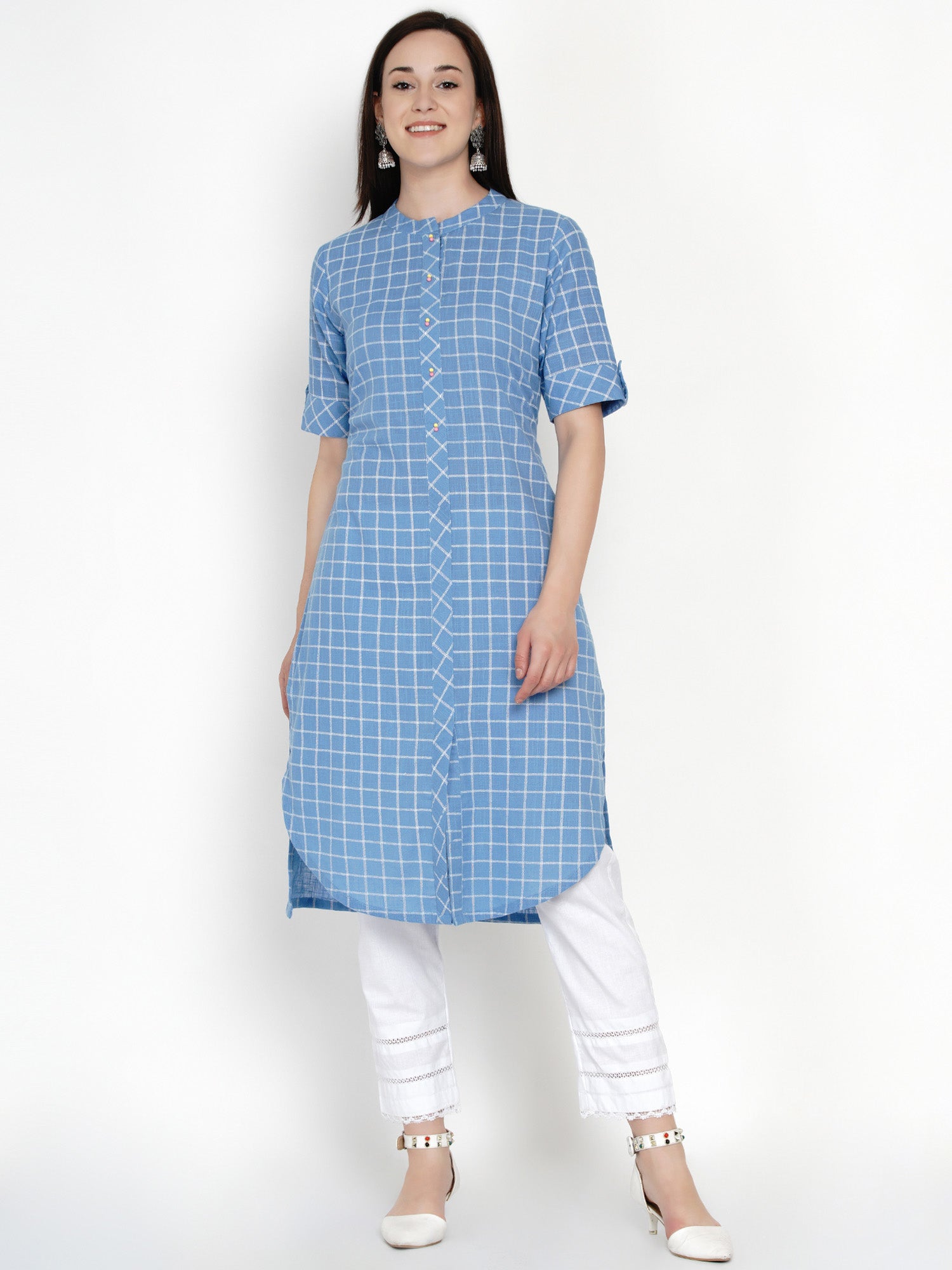 Blue Cotton Checks Kurta-WRK047