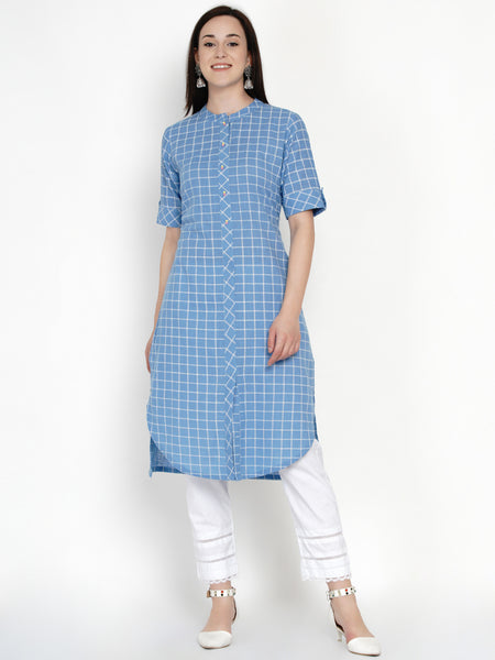 Blue Cotton Checks Kurta-WRK047