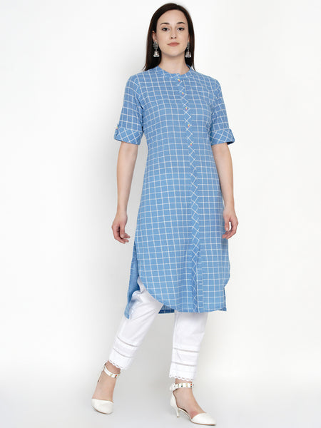 Blue Cotton Checks Kurta-WRK047