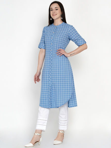 Blue Cotton Checks Kurta-WRK047