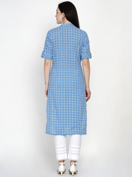 Blue Cotton Checks Kurta-WRK047