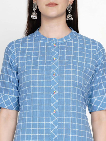 Blue Cotton Checks Kurta-WRK047