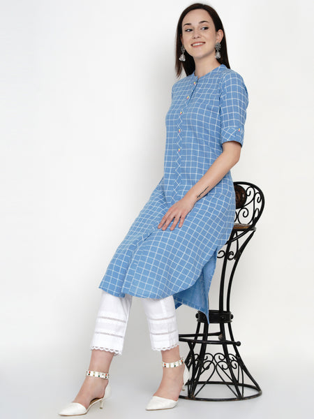 Blue Cotton Checks Kurta-WRK047