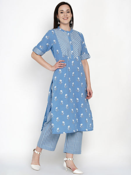 Blue Cotton Gold Foil Printed Kurta with Stripped Palazzo- WRKS048