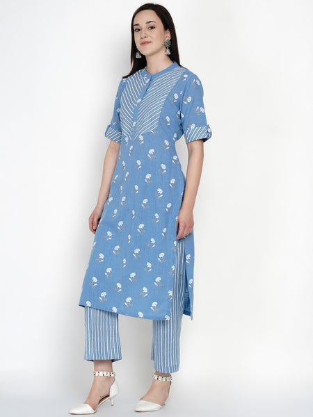 Blue Cotton Gold Foil Printed Kurta with Stripped Palazzo- WRKS048
