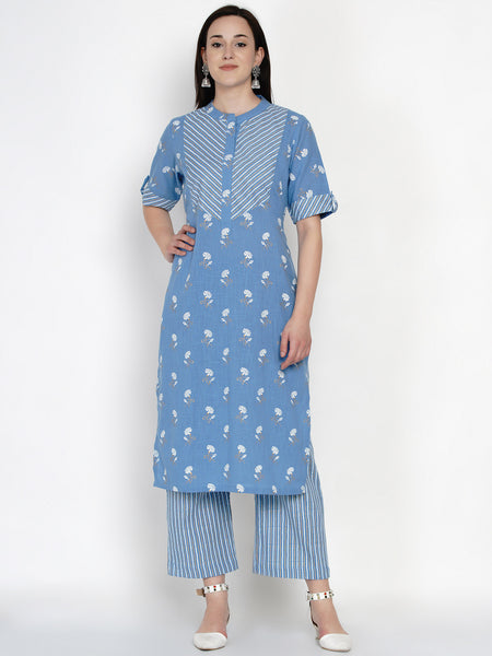 Blue Cotton Gold Foil Printed Kurta with Stripped Palazzo- WRKS048