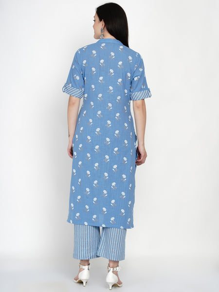 Blue Cotton Gold Foil Printed Kurta with Stripped Palazzo- WRKS048