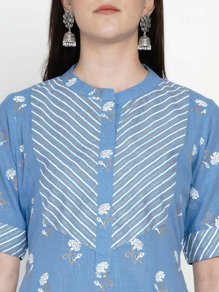 Blue Cotton Gold Foil Printed Kurta with Stripped Palazzo- WRKS048