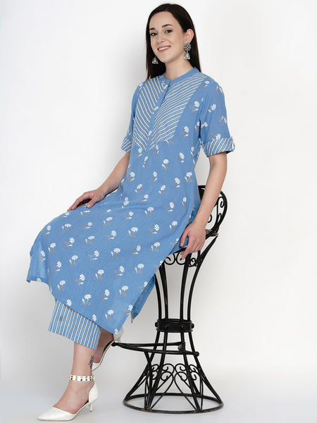Blue Cotton Gold Foil Printed Kurta with Stripped Palazzo- WRKS048