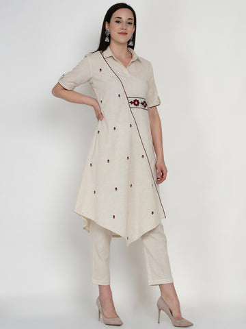 Off White Cotton Flex Embroidered Asymmetrical Kurta With Pant- WRKS050