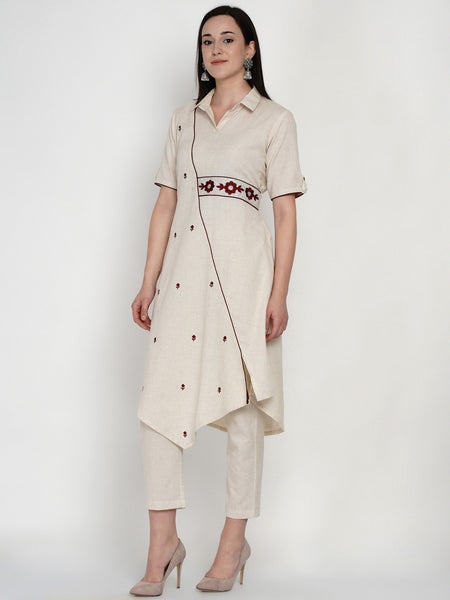 Off White Cotton Flex Embroidered Asymmetrical Kurta With Pant- WRKS050