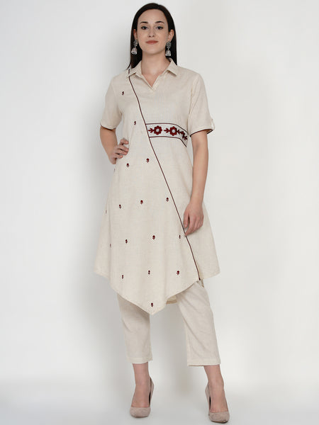 Off White Cotton Flex Embroidered Asymmetrical Kurta With Pant- WRKS050