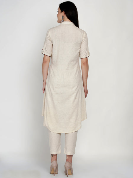 Off White Cotton Flex Embroidered Asymmetrical Kurta With Pant- WRKS050