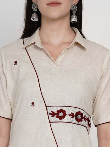 Off White Cotton Flex Embroidered Asymmetrical Kurta With Pant- WRKS050