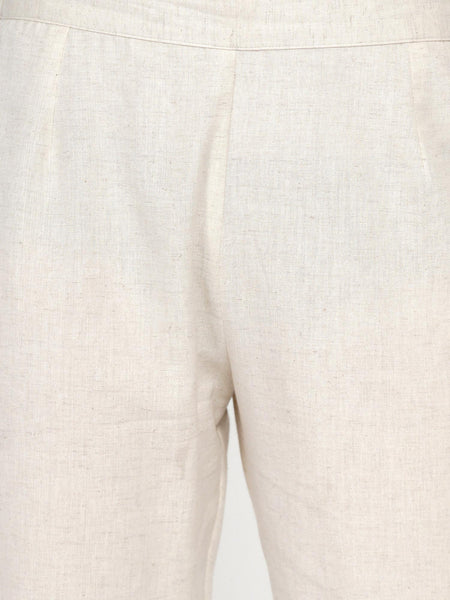 Off White Cotton Flex Embroidered Asymmetrical Kurta With Pant- WRKS050