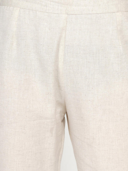 Off White Cotton Flex Embroidered Asymmetrical Kurta With Pant- WRKS050