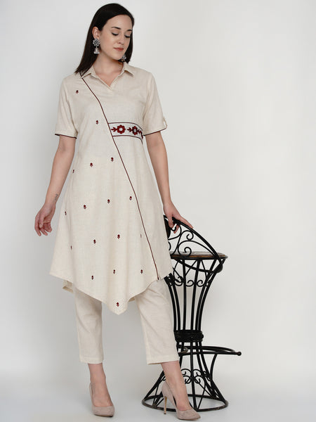 Off White Cotton Flex Embroidered Asymmetrical Kurta With Pant- WRKS050