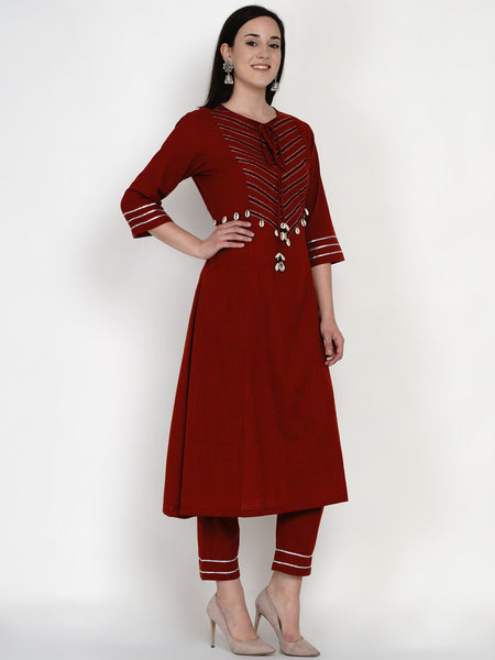 Maroon Cotton Embellished Kurta with Gota Work and Pants- WRKS051