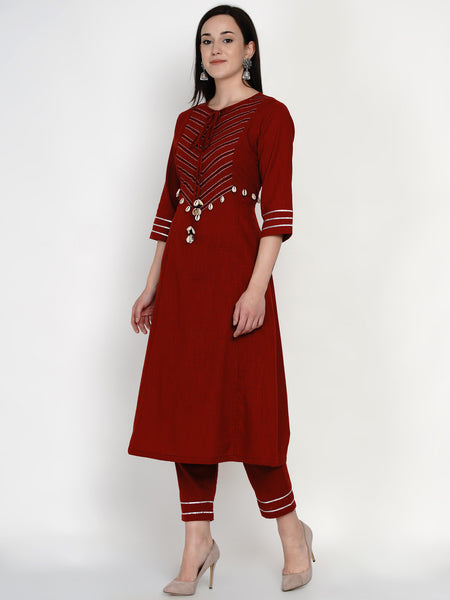 Maroon Cotton Embellished Kurta with Gota Work and Pants- WRKS051