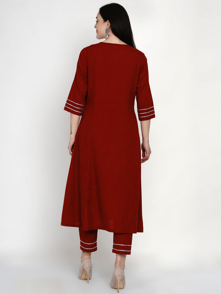 Maroon Cotton Embellished Kurta with Gota Work and Pants- WRKS051