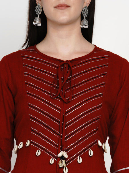 Maroon Cotton Embellished Kurta with Gota Work and Pants- WRKS051