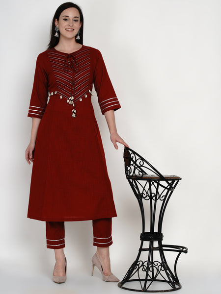 Maroon Cotton Embellished Kurta with Gota Work and Pants- WRKS051