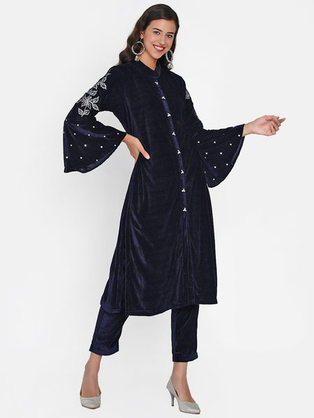 Navy Blue Velvet Embroidered Kurta-WRKS053
