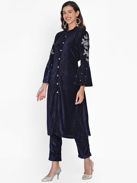 Navy Blue Velvet Embroidered Kurta-WRKS053
