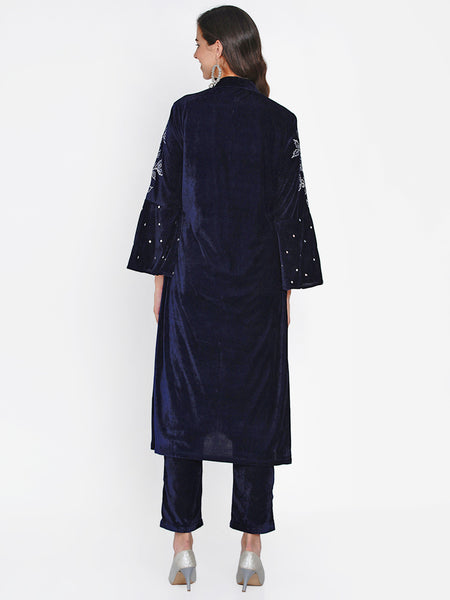 Navy Blue Velvet Embroidered Kurta-WRKS053