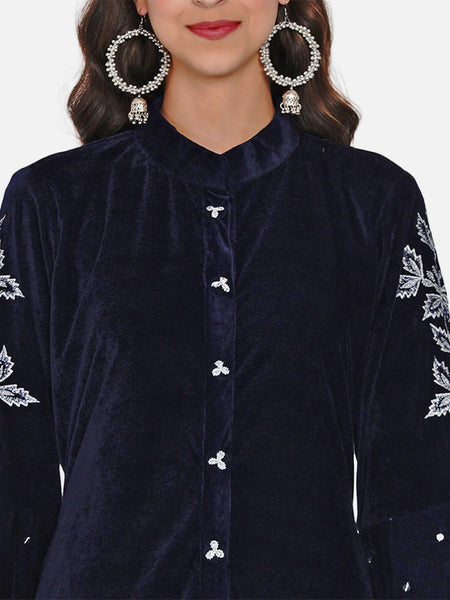 Navy Blue Velvet Embroidered Kurta-WRKS053