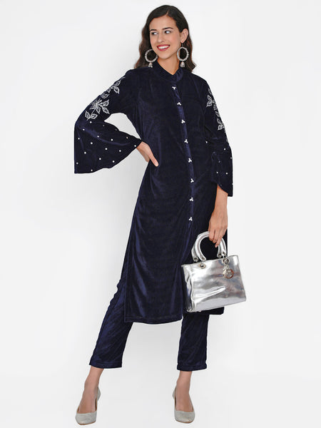 Navy Blue Velvet Embroidered Kurta-WRKS053