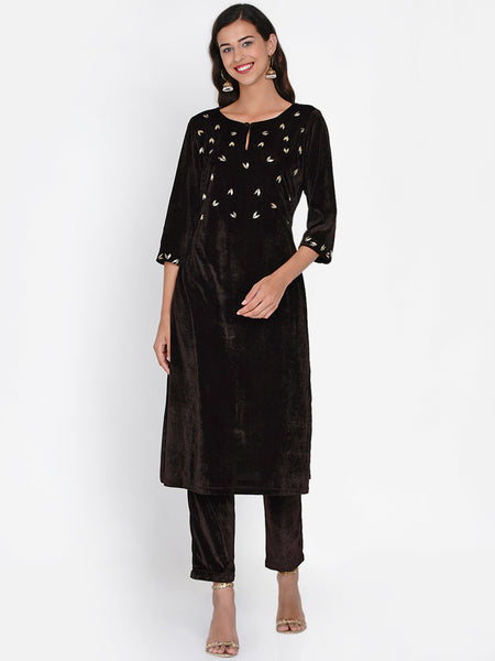Brown Velvet Embellished Kurta-WRKS054