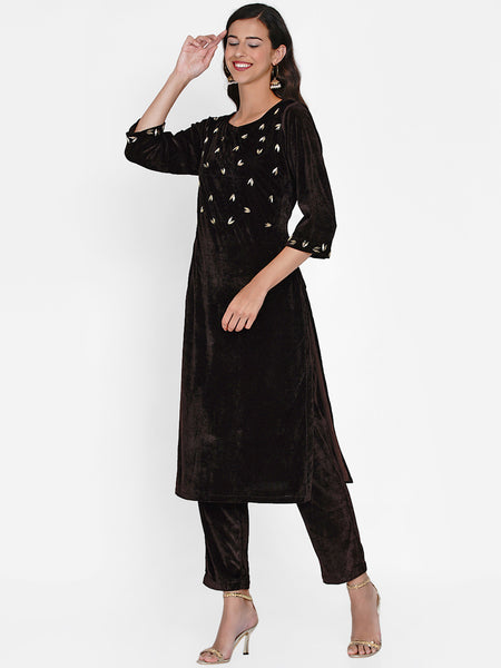 Brown Velvet Embellished Kurta-WRKS054