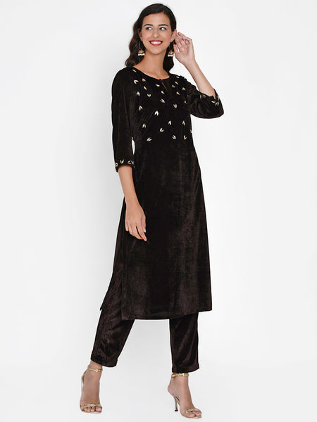 Brown Velvet Embellished Kurta-WRKS054
