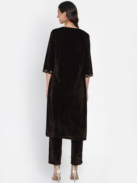 Brown Velvet Embellished Kurta-WRKS054