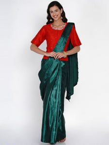 Green Satin Ready to Wear Saree with Embroidered Koti-WRKS055