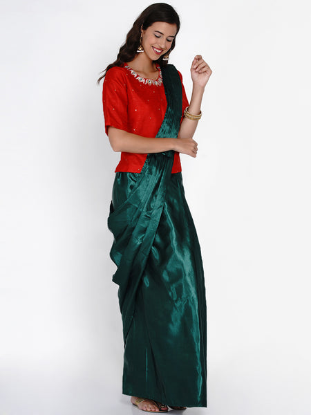 Green Satin Ready to Wear Saree with Embroidered Koti-WRKS055