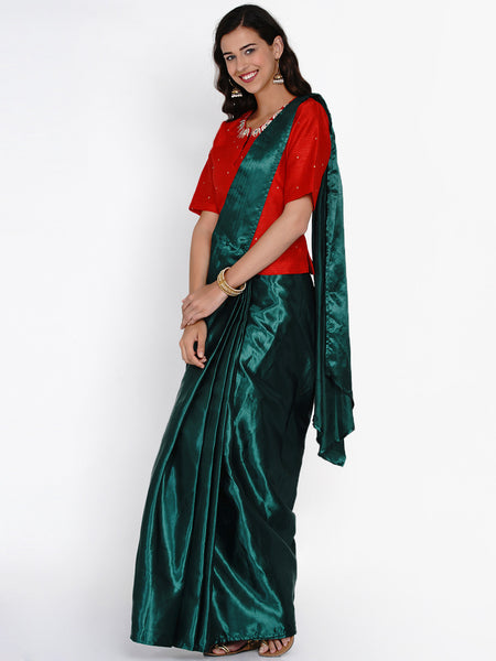 Green Satin Ready to Wear Saree with Embroidered Koti-WRKS055