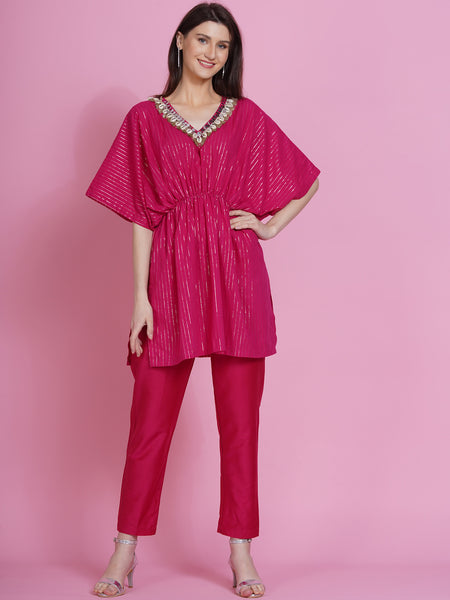 Pink Lurex Cotton Kaftan Style Kurta with Pants-WRKS072