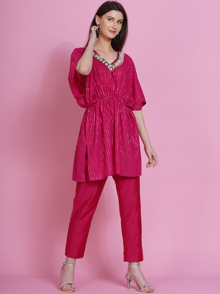Pink Lurex Cotton Kaftan Style Kurta with Pants-WRKS072