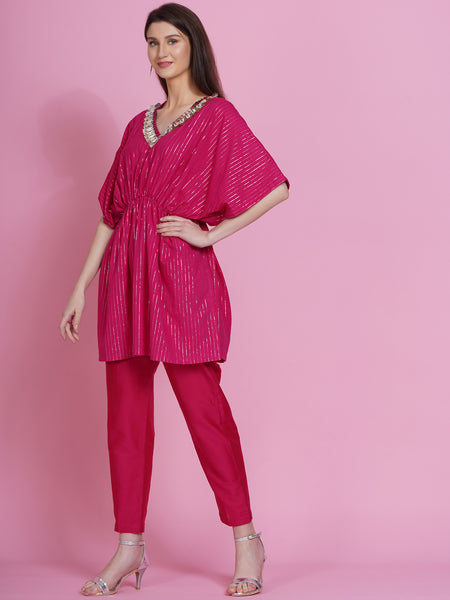 Pink Lurex Cotton Kaftan Style Kurta with Pants-WRKS072