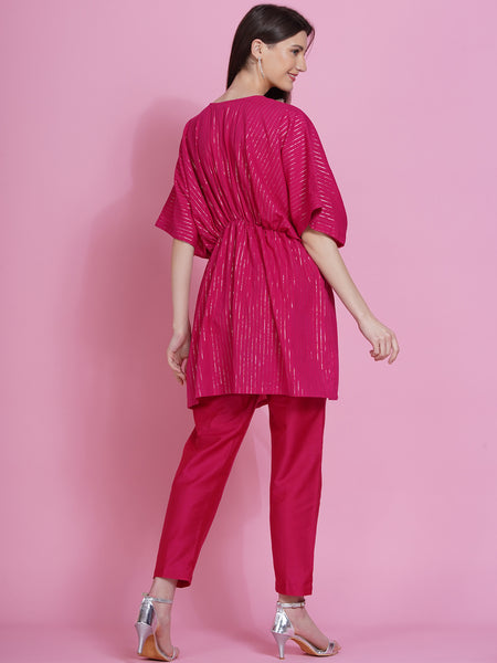 Pink Lurex Cotton Kaftan Style Kurta with Pants-WRKS072