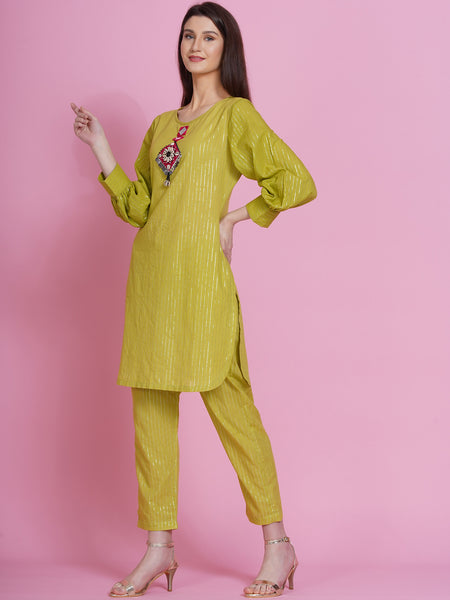 Green Lurex Cotton Hand Embroidered Kurta With Pants-WRKS073