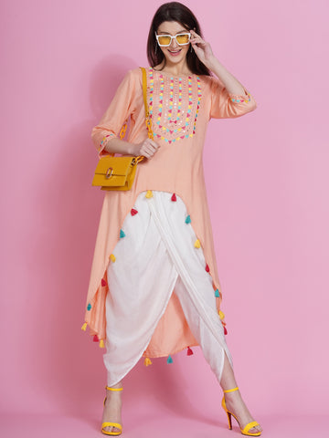 Peach Rayon Embroidered Kurta with Mirror Work and Tulip Pants-WRKS074