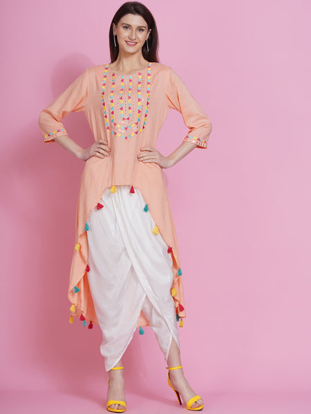 Peach Rayon Embroidered Kurta with Mirror Work and Tulip Pants-WRKS074