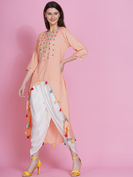 Peach Rayon Embroidered Kurta with Mirror Work and Tulip Pants-WRKS074