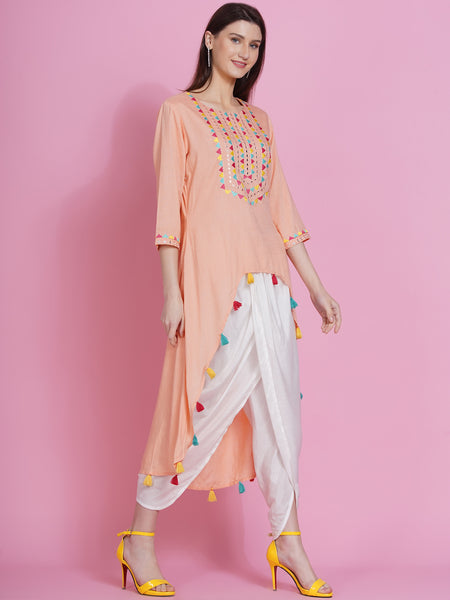 Peach Rayon Embroidered Kurta with Mirror Work and Tulip Pants-WRKS074