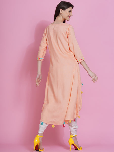 Peach Rayon Embroidered Kurta with Mirror Work and Tulip Pants-WRKS074