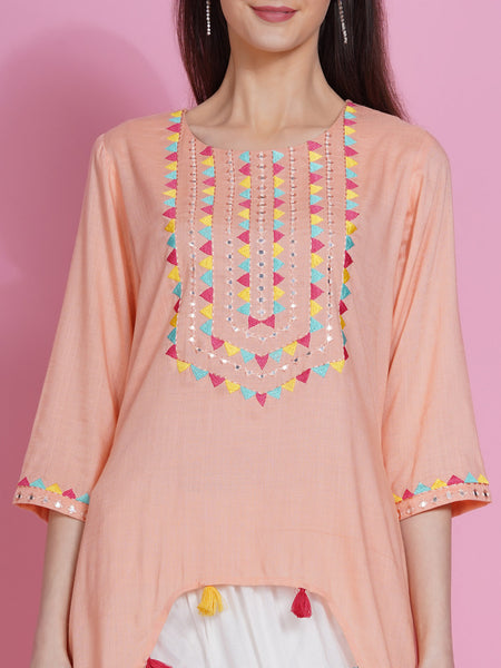 Peach Rayon Embroidered Kurta with Mirror Work and Tulip Pants-WRKS074